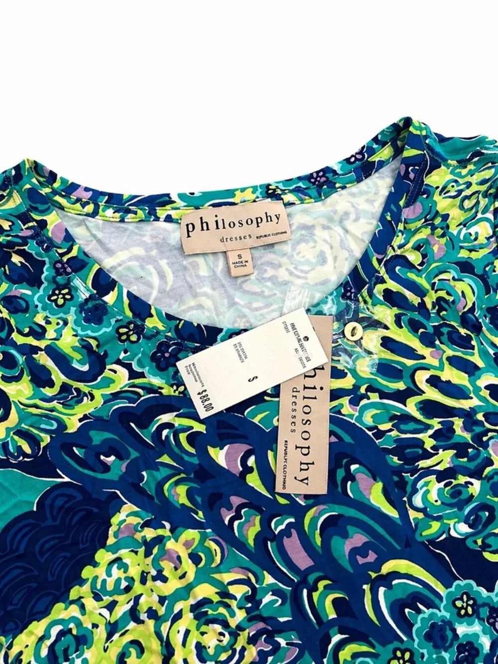 Philosophy Aqua Peacock Print Dress Knee Length S M L XL NWT - Picture 5 of 9